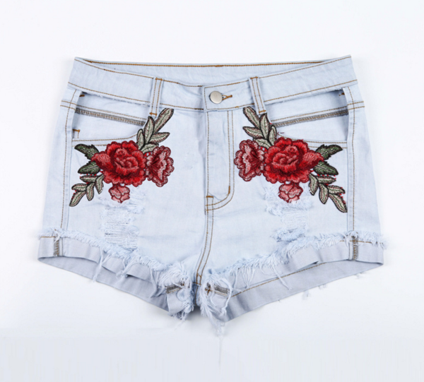 Summer Women's Flowers Embroidered Holes Washed Denim Shorts