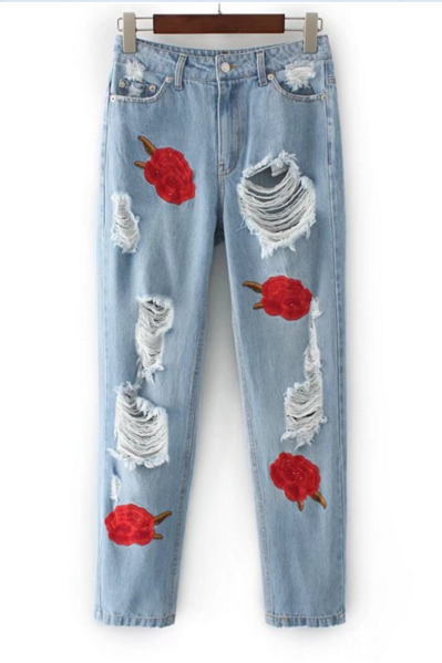 Fashion Roses Embroidered Hole Cowboy Pants