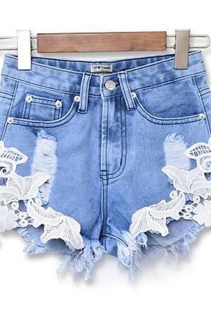 Sexy Lace Patchwork High Waisted Tassels Ripped Shorts Jeans