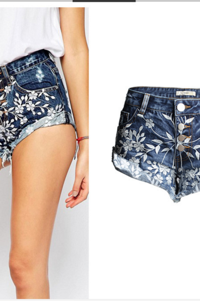 White Floral Embroidered Denim Button Down Shorts Featuring Distressing Detail 