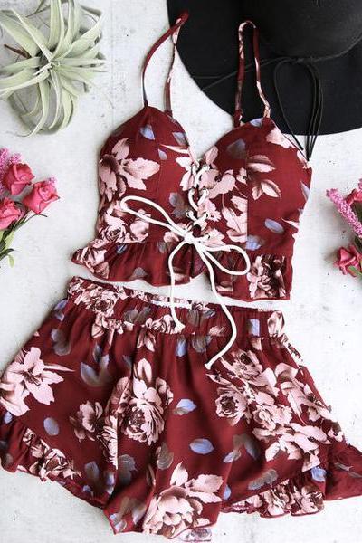 reverse - burgundy floral two piece set with ruffle hem