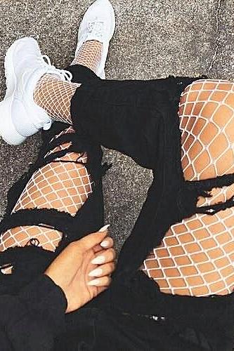 Black temptation conjoined sexy fishnet stockings tights ripped jeans