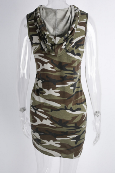 Fashion Print Casual Blouse Sleeveless Hooded Camouflage Vest Dress