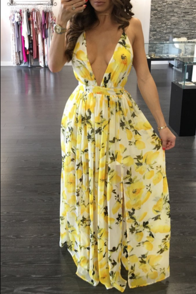Fashion Sexy Straps Print Yellow Flower Backless Long Dress