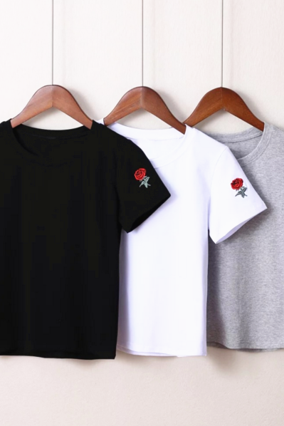 Rose Embroidered Crew Neck Short Sleeved Tee