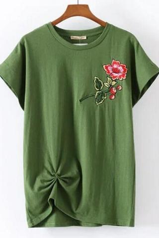 Women 's Rose Flower Embroidered Hem Folded Short Sleeve T - Shirt
