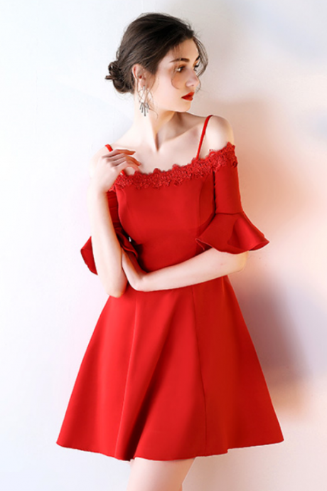 Fashion Bride Word Shoulder Thin Thin Dress Female Red Short Paragraph Dress Summer