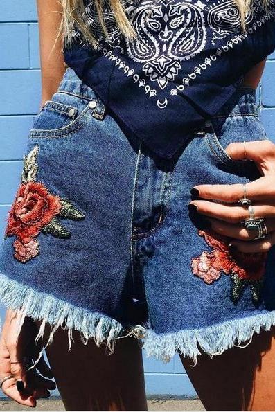 Sexy Best Short Cowboy Embroidery Rose Blue Shorts