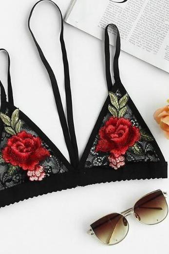 Black Floral Embroidered Lace Bralette