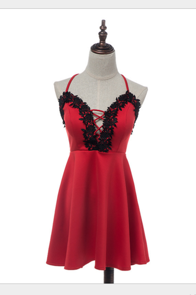 Summer Harness Short Paragraph Dress Halter Tight Sexy Lace Red Small Dress