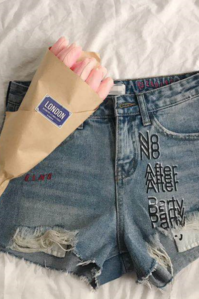 2017 summer new women's fashion print embroidery holes denim blue shorts