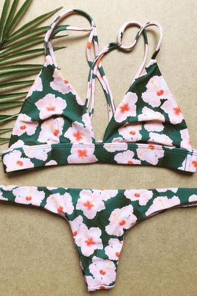 Summer Sexy Women Bikini Small Flower Swimsuit Rope Cross Backless Swimwear