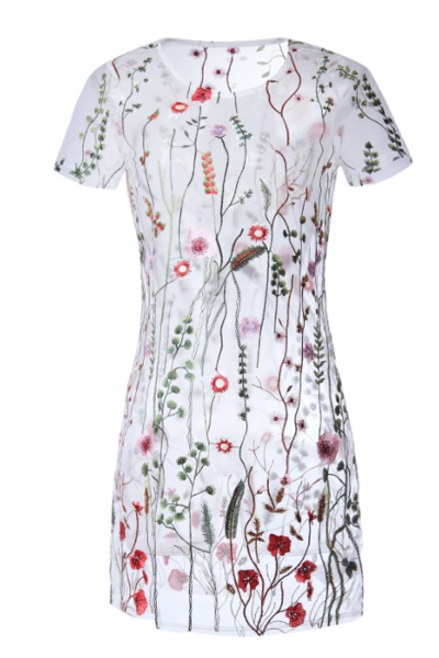Fashion Transparent Embroidery Floral Short Sleeve Dress