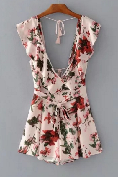 Summer Fashion Flower Print Show Thin Sexy Backless Romper