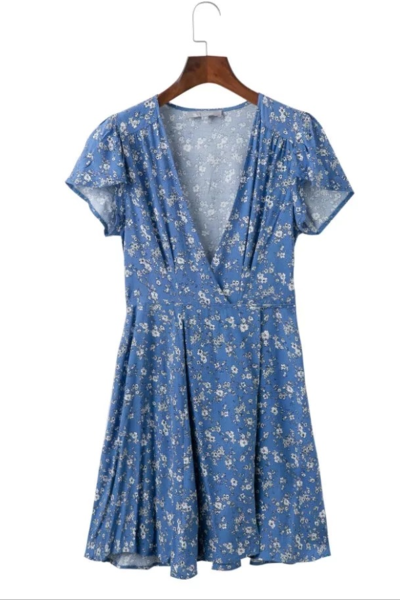 Fashion Print V Necklace A Short Skirt Short Sleeves Light Blue Dress Summer