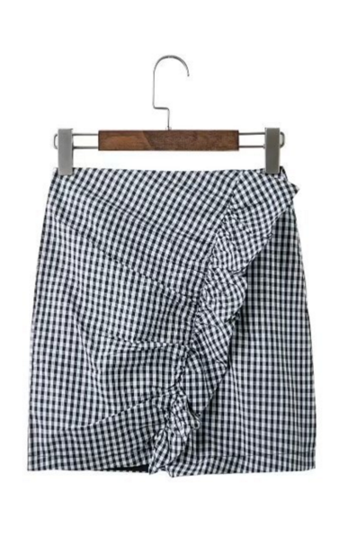 Black Gingham High Rise Mini Skirt Featuring Frill Front 
