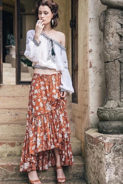 Floral Print Chiffon Ruffled High Low Midi Skirt 