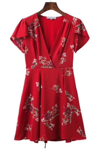 Women's deep V-neck summer new red print short-sleeved dress