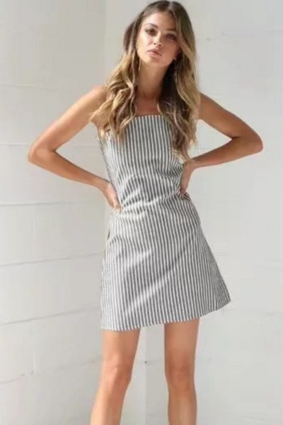 Spaghetti Strap Vertical Striped Short Summer Dress Featuring Tie Knot Back
