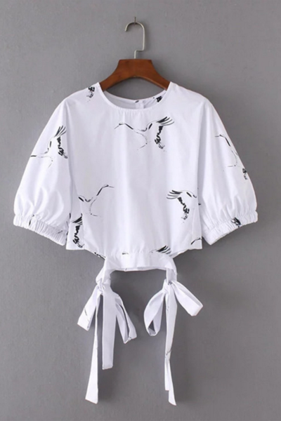 White Bird Print Puff-Sleeved Crew Neck Top Featuring Bow Accent 