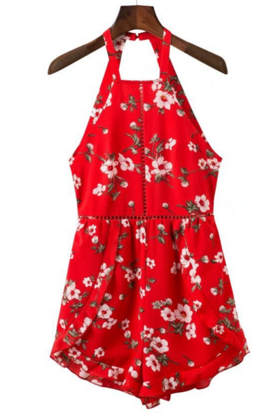 Red Floral Print Halter Neck Romper Featuring Tie Accent Open Back 