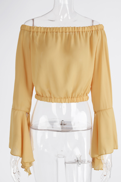 Yellow Chiffon Off-The-Shoulder Long Flare-Sleeved Cropped Top