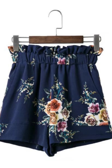 Blue Chiffon Floral Print Ruffled Elasticised Shorts 