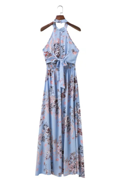 Fashion Hanging Neck Side Of The Fork Dress Summer Print Dress