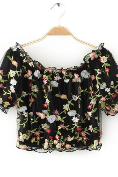 Black Floral Embroidered Ruffled Off-The-Shoulder Short-Sleeved Mesh Top 