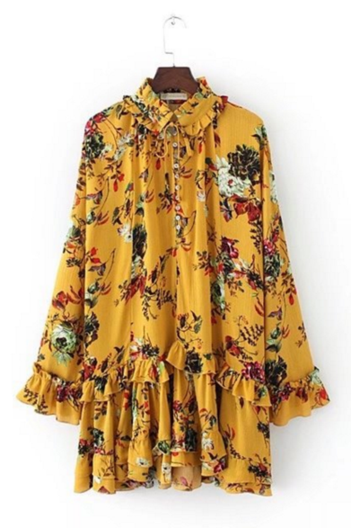 Mustard Yellow Floral Print Ruffled Long Sleeved Short Shift Dress Featuring Collared Neckline