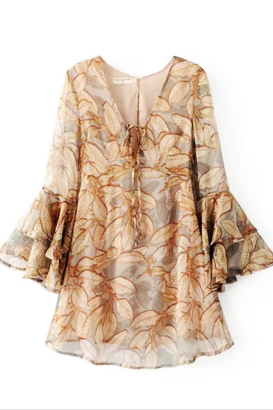 Women 's Summer Leaves Print A Word Skirt With A Trumpet Sleeves Beige Dress