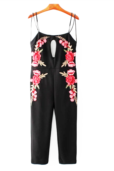 New Sexy Straps Chest Hollow Floral Embroidery Show Thin Backless Jumpsuit