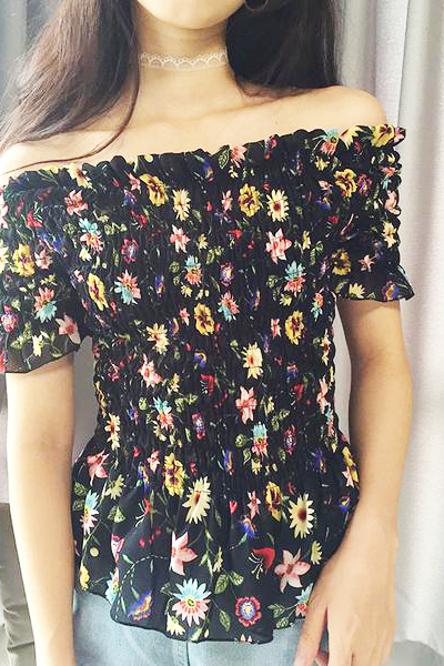 Floral Embroidered Ruffled Chiffon Off-The-Shoulder Peplum Top 