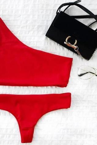 Sexy Fashion One Shoulder Pure Color Red Bathing Suit Two Piece Bikini