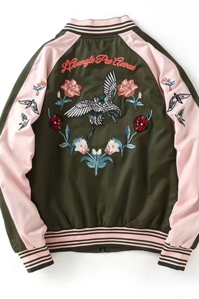 Floral and Bird Embroidered Satin Bomber Jacket 