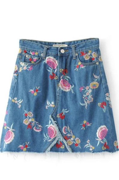 Floral Embroidered Short A-Line Denim Skirt Featuring Frayed Hem