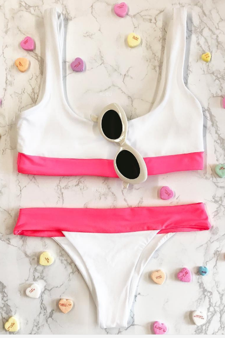 HOT PINK WHITE TWO PIECE CONTRAST BIKINIS