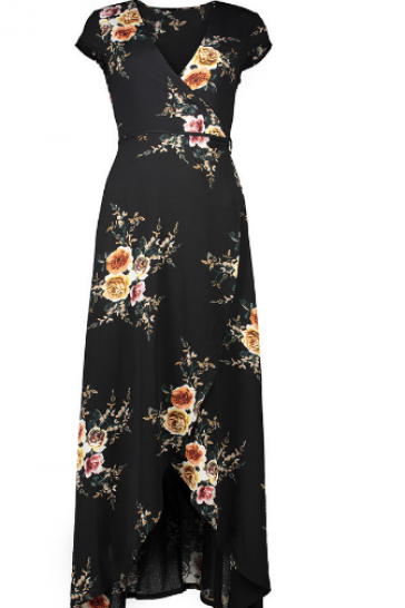 Plunging V Neck Floral Print Maxi Dress with Short Sleeves