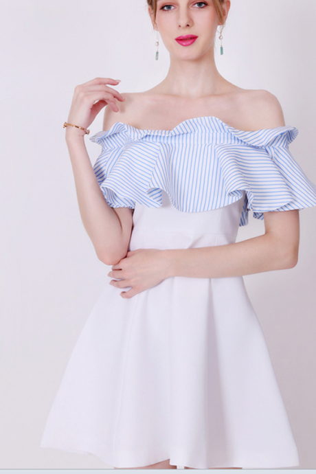 Off The Shoulder Blue And White Striped Top White Skater Skirt Dress