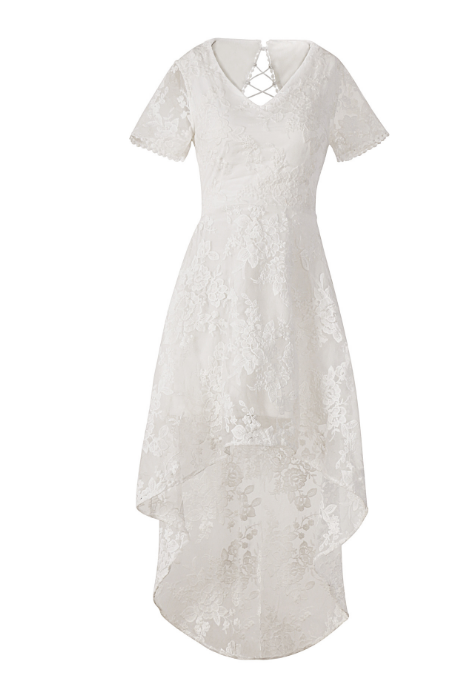 White lace short sleeve backless irregular dress