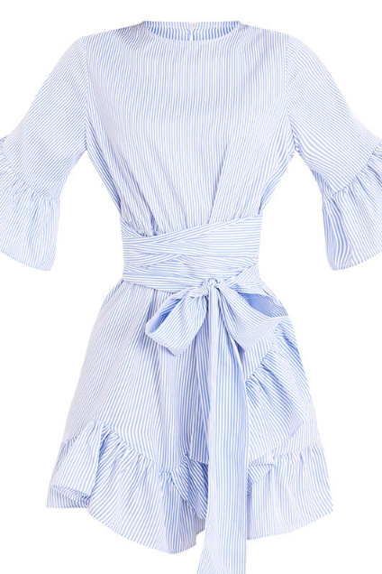 Stripe Comfort Belt With Irregular Leaf Edge Horn Short Sleeve Belt Dress