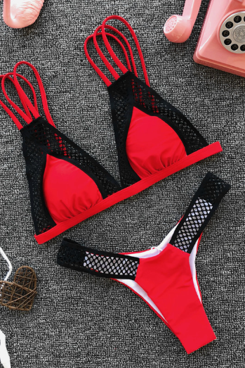 Bikini in solid color, sexy gauze bandages, ink spot print new swimsuit - red