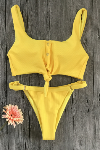 Knot bikini on the chest new women's sexy swimwear solid color special fabric with button swimwear - yellow