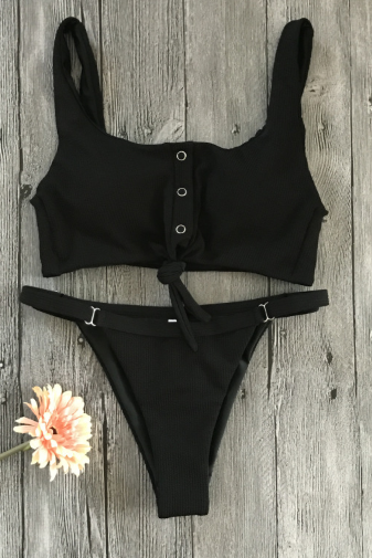 Knot bikini on the chest new women's sexy swimwear solid color special fabric with buckle swimwear - black