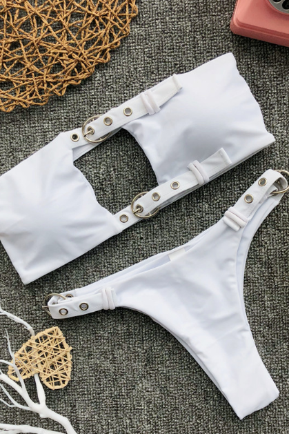 Style Bikini Eyelet Button Swimwear - White