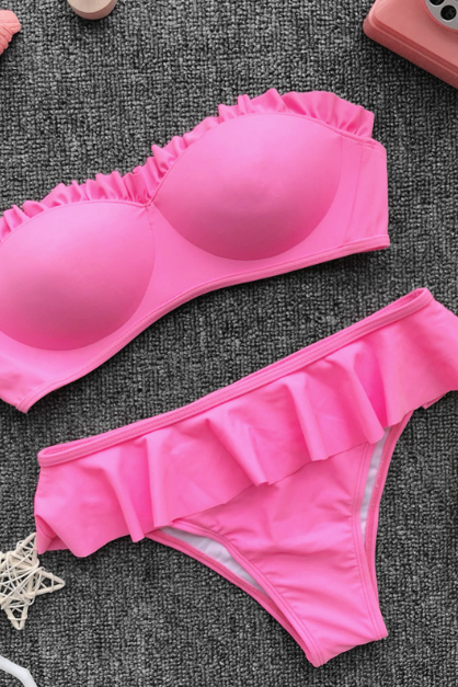 Bikini Style With Flounces, Solid Color Hardcover Women Feel - Pink