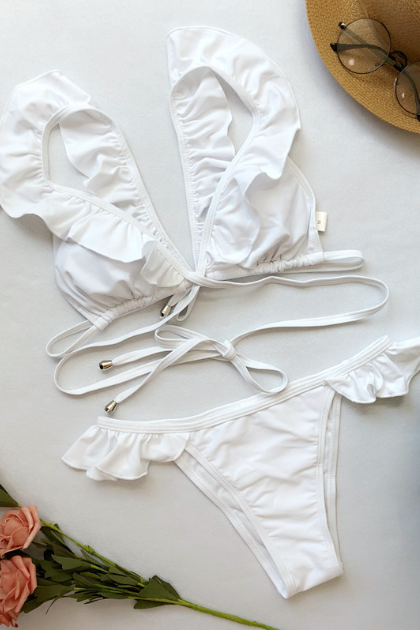 Style Swimsuit Solid Color Flounces Bikini Lace - White