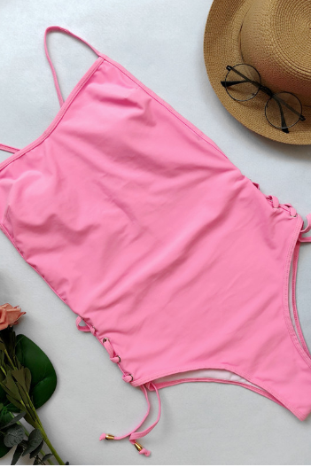 One-piece swimsuit hot style solid color eyedrop bikini - pink