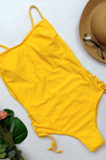 One-piece Swimsuit Style Solid Color Eyedrop Bikini - Yellow