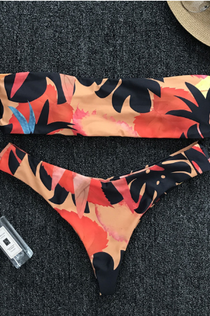 Lady Maple Leaf Print Sleeve Bikini Style Swimsuit